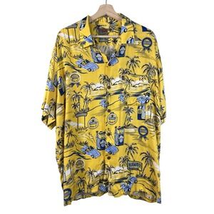 Vintage Pineapple Connection Mens L Yellow Blue Hawaiian Shirt Cars Gas Motors‎